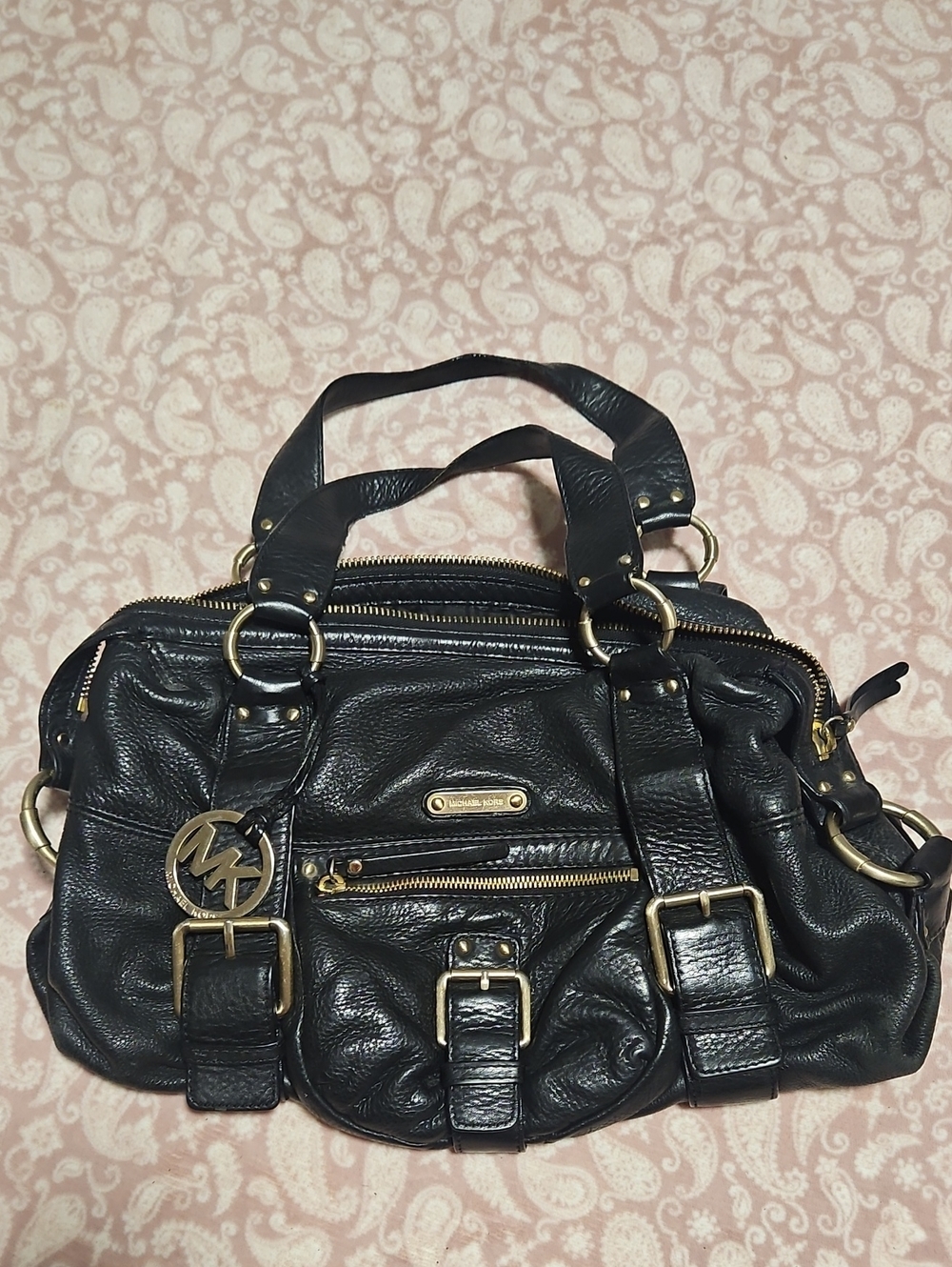 Michael Kors Black Pebbled Leather Satchel with Gold Hardware